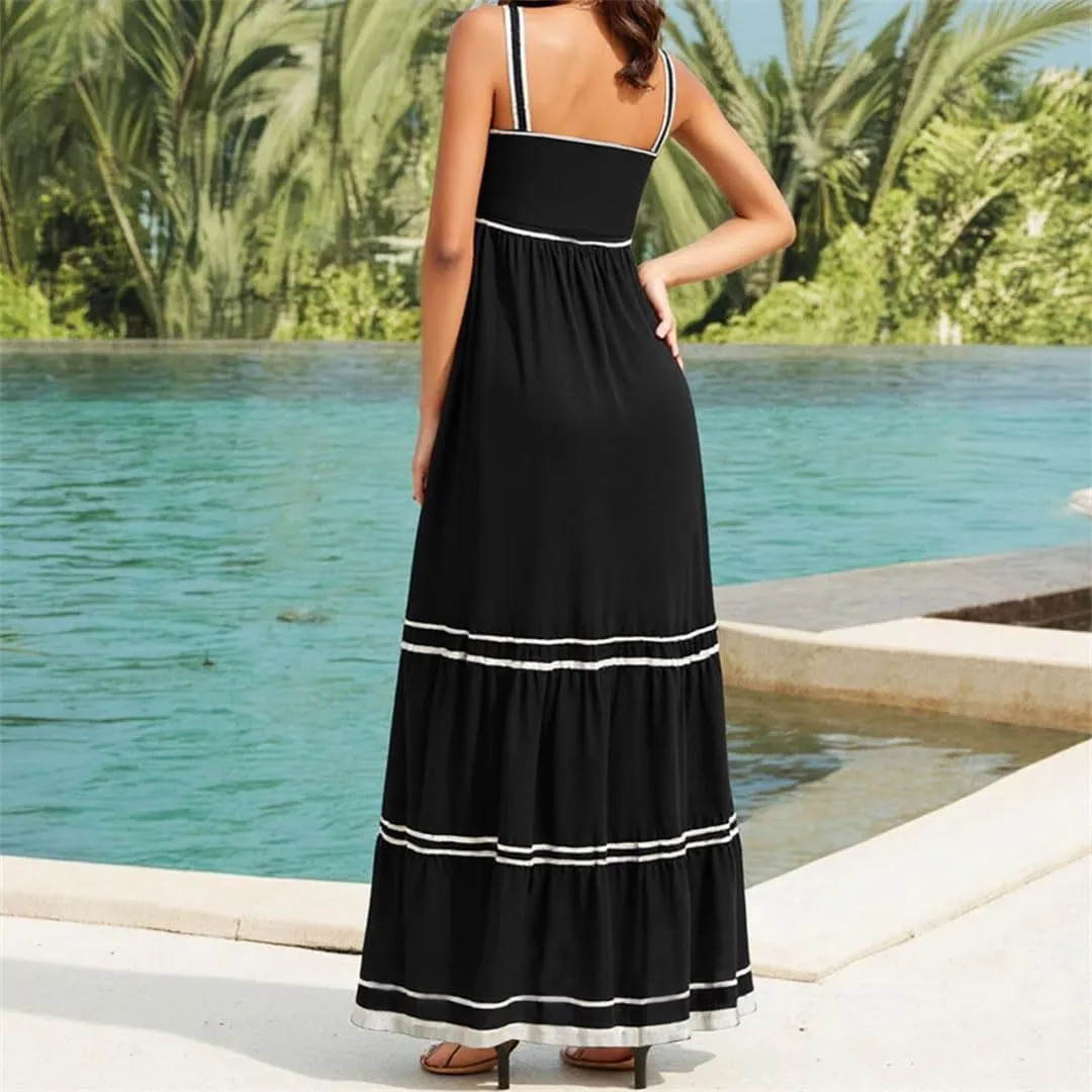 Women Elegant Stripes Sleeveless Square Neck Maxi Shift Dresses