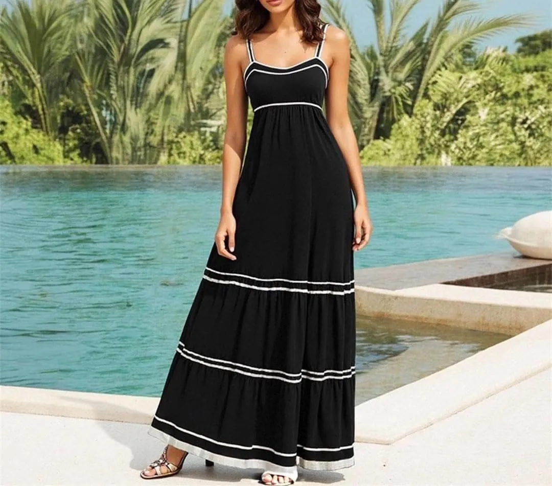 Women Elegant Stripes Sleeveless Square Neck Maxi Shift Dresses