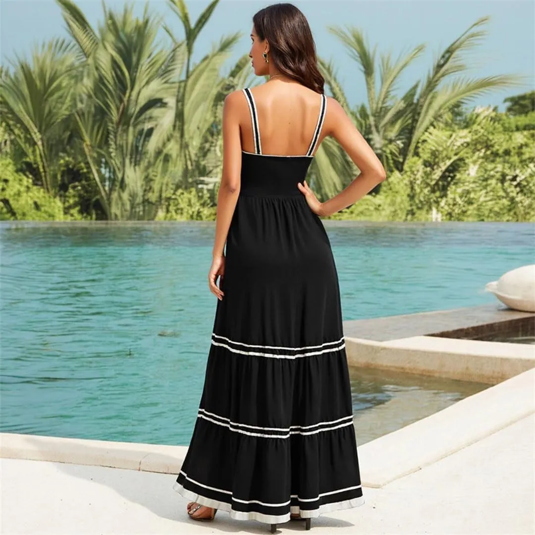 Women Elegant Stripes Sleeveless Square Neck Maxi Shift Dresses