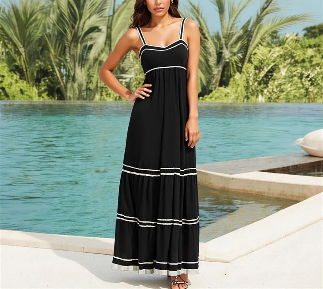 Women Elegant Stripes Sleeveless Square Neck Maxi Shift Dresses