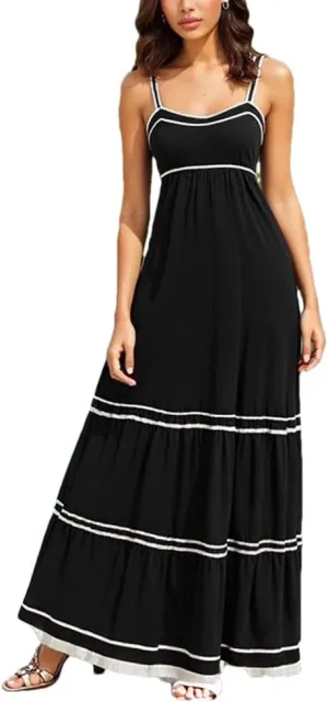 Women Elegant Stripes Sleeveless Square Neck Maxi Shift Dresses