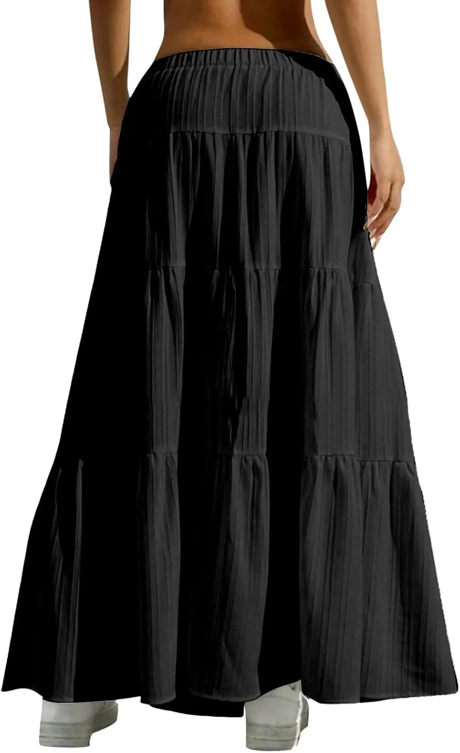 Women Flowy Maxi Skirt Elastic High Waist Pleated A-Line Skirts Tiered Swing Summer Vacation Beach Long Skirts