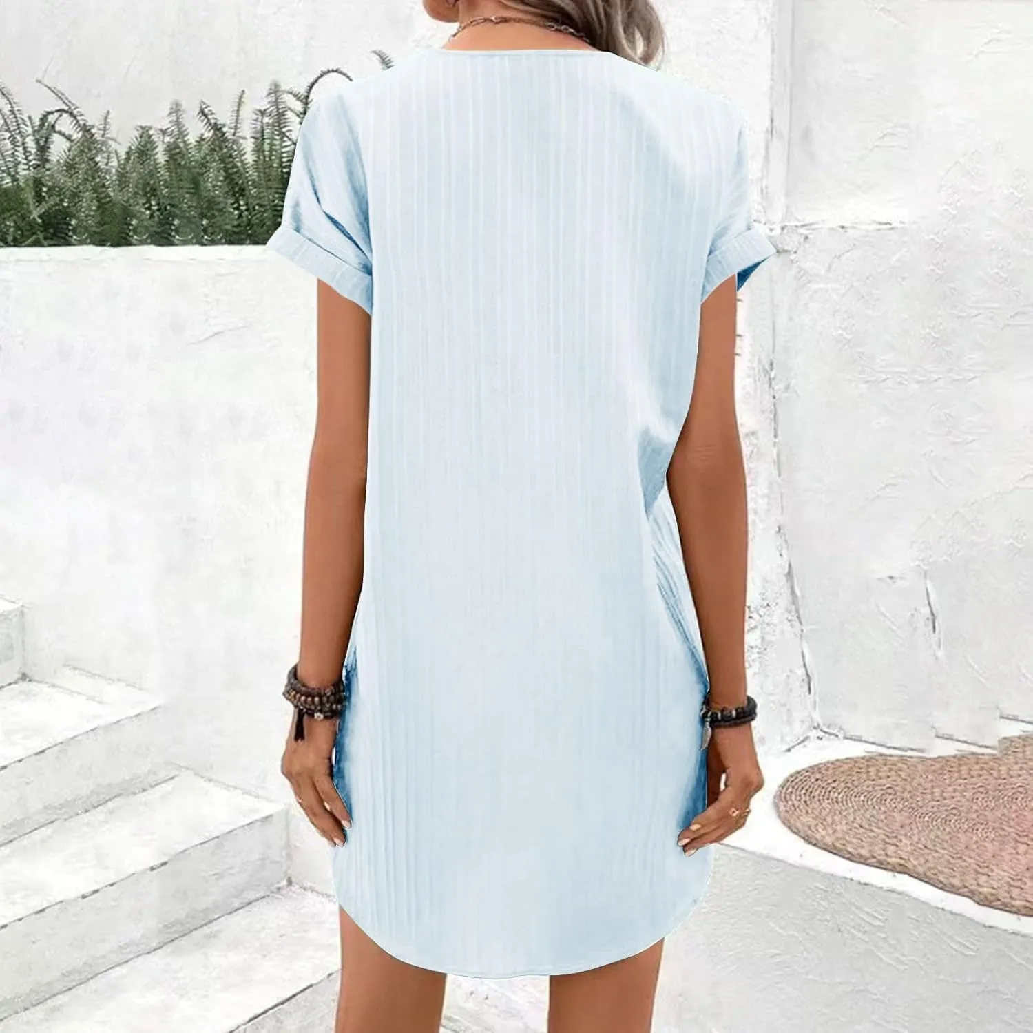 Women Linen Shirts Dresses Plus Size Fashion Button up V-Neck Short Sleeves Cotton Linen Midi Dress Beach Sundress