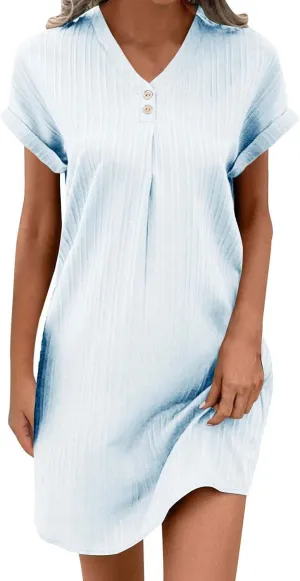 Women Linen Shirts Dresses Plus Size Fashion Button up V-Neck Short Sleeves Cotton Linen Midi Dress Beach Sundress