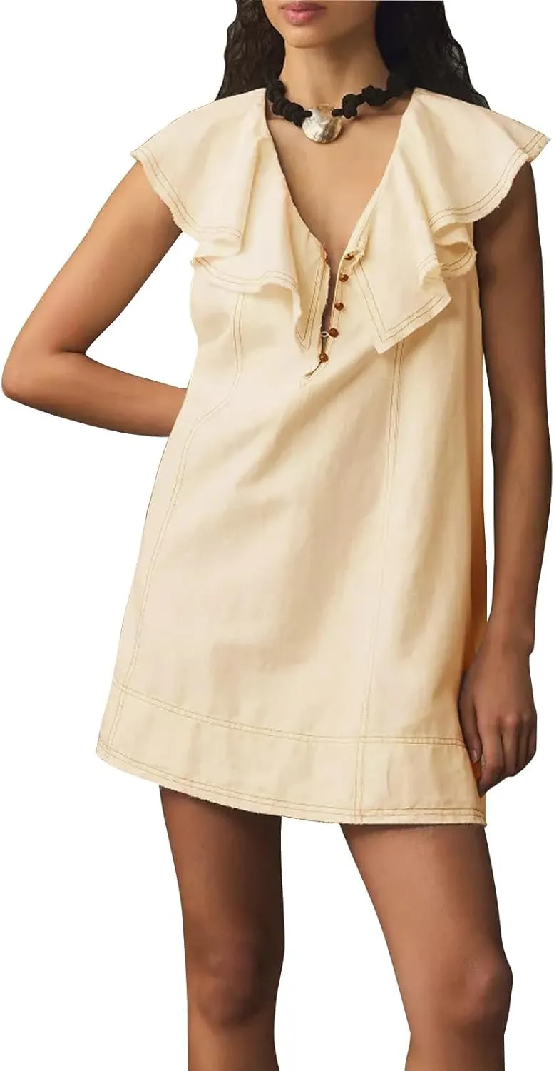 Women's Summer Mini Dress Ruffle Sleeveless Shift Dress Casual V Neck Button Front Loose Dress