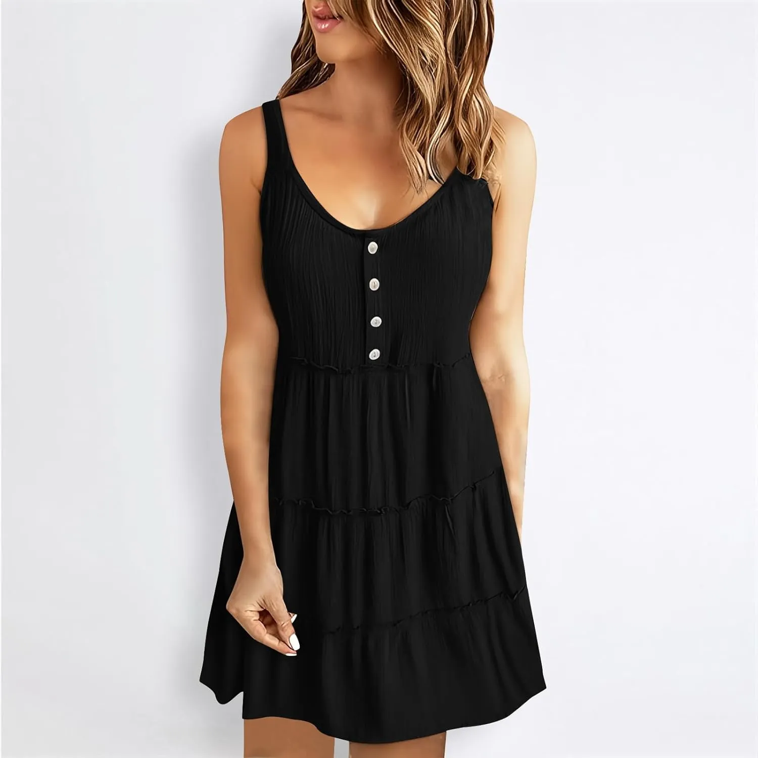 Womens Summer Sleeveless Dresses Button Scoop Neck Swing Mini Dress Smocked High Waist Ruffle Tiered Sundress