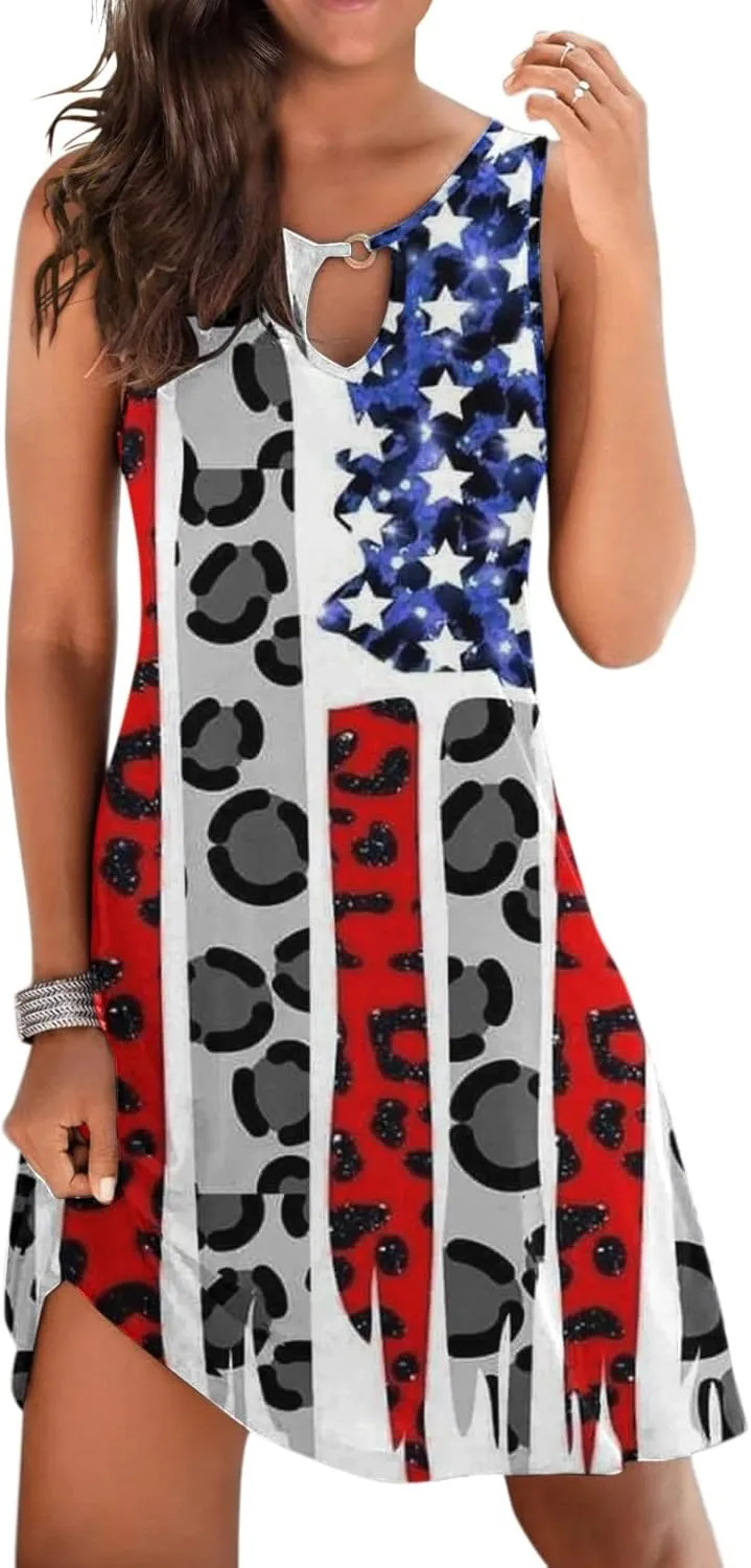 ZYXTIM Women's Casual Summer Sleeveless Dresses American Flag Star Vertical Striped Flowy Swing Shift Dress Boho Tank Dress