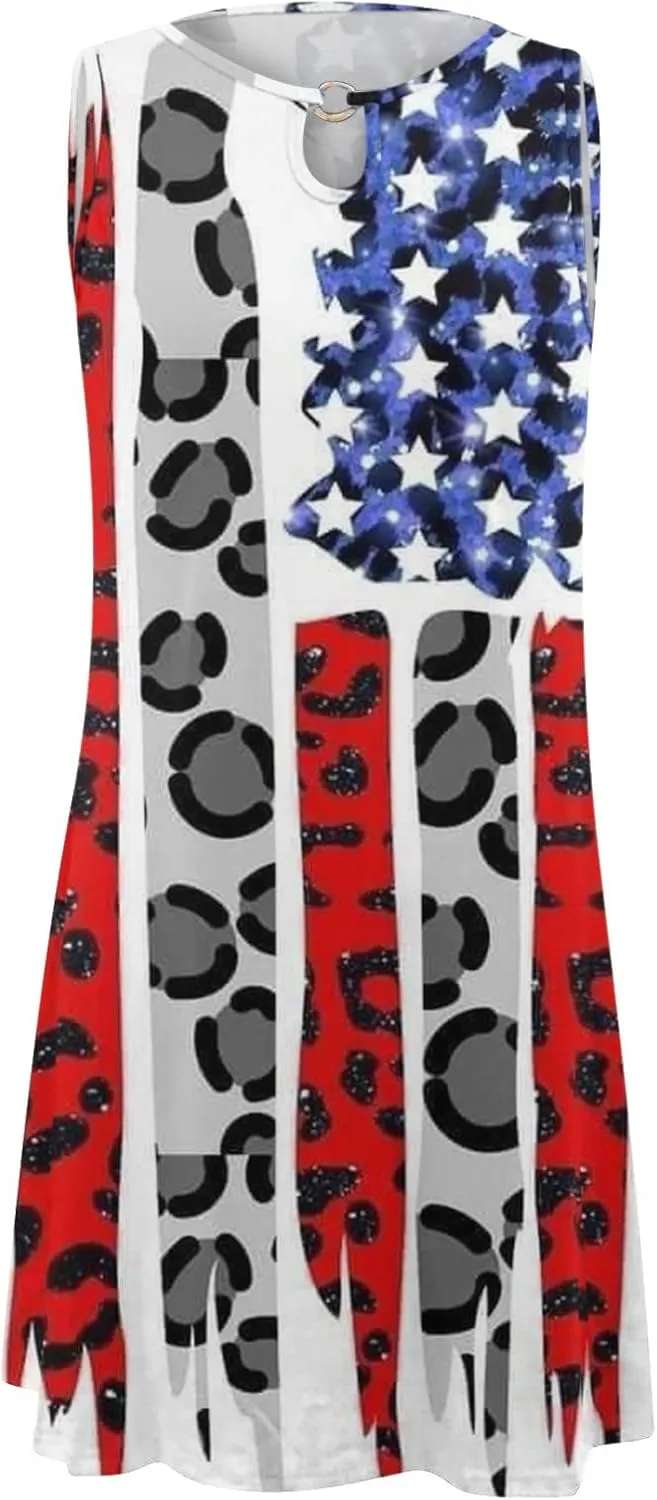 ZYXTIM Women's Casual Summer Sleeveless Dresses American Flag Star Vertical Striped Flowy Swing Shift Dress Boho Tank Dress