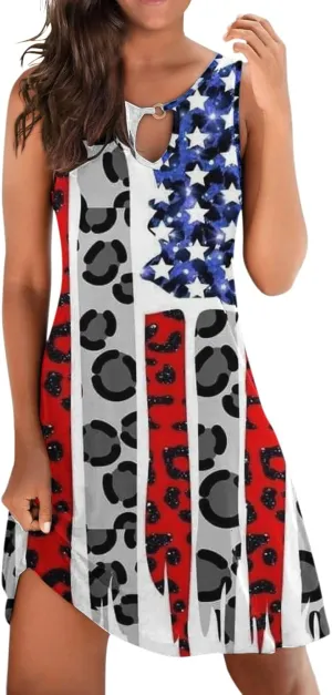 ZYXTIM Women's Casual Summer Sleeveless Dresses American Flag Star Vertical Striped Flowy Swing Shift Dress Boho Tank Dress