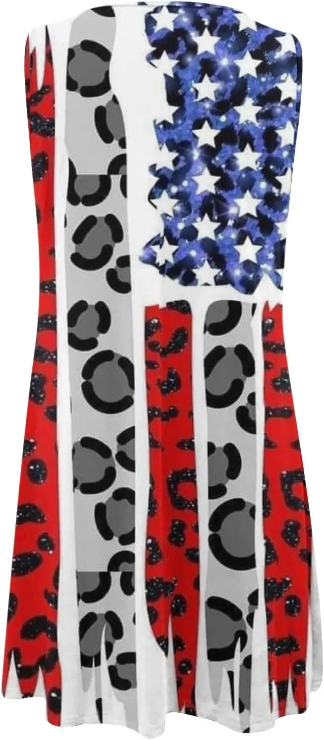 ZYXTIM Women's Casual Summer Sleeveless Dresses American Flag Star Vertical Striped Flowy Swing Shift Dress Boho Tank Dress